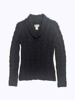 Black Fisherman Cable Knit Sweater S Shawl Collar Y2K 90s Preppy Dark Academia